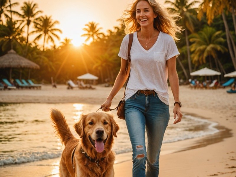 Mujer paseando a su perro con correa por la playa